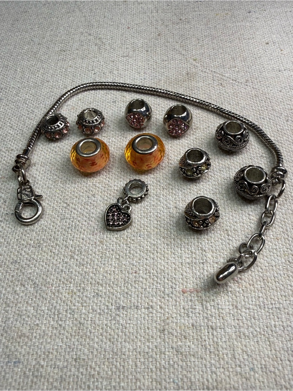 Silver Charm Bracelet with Amber Glass and Pink Crystal Charms